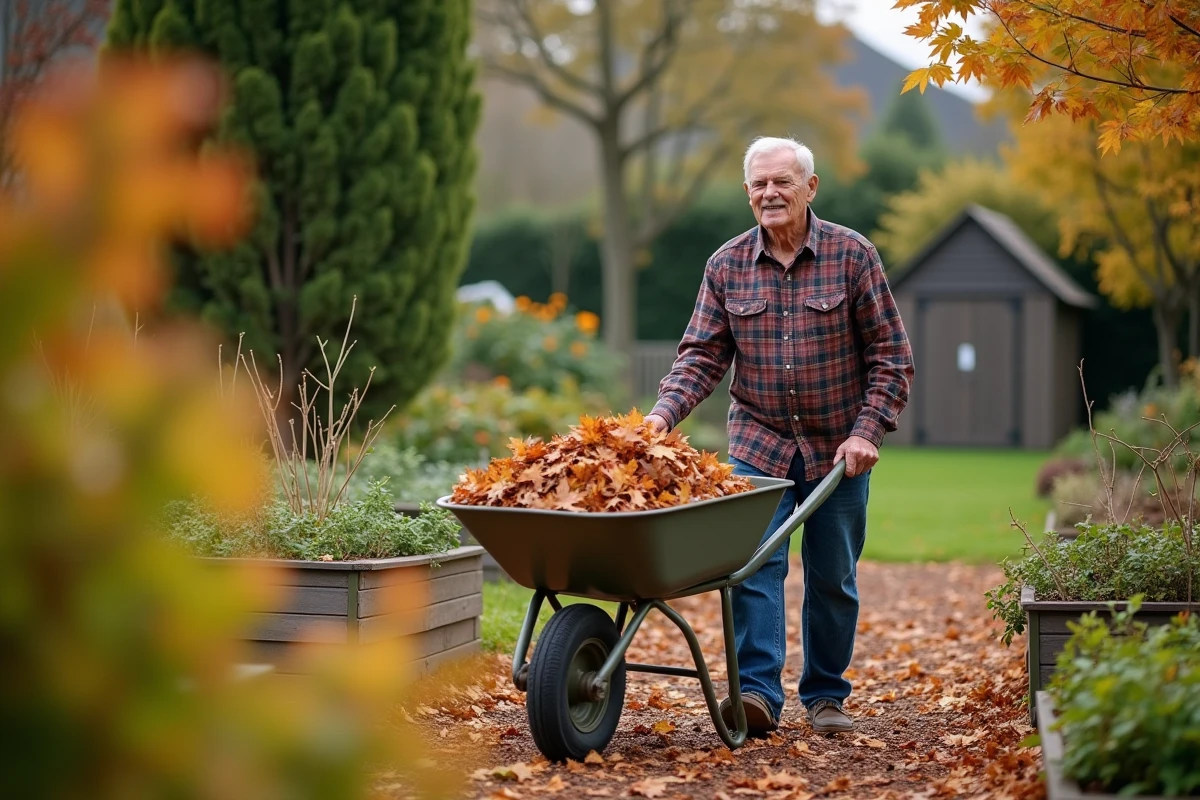 Homme âgé ramassant des feuilles d