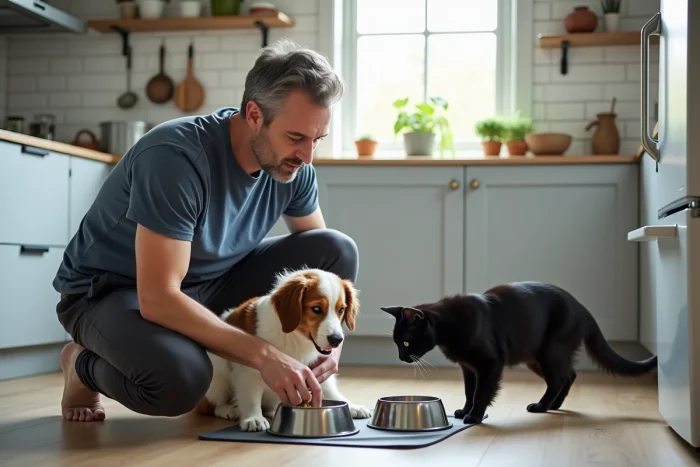 Homme préparant les repas pour un border collie et un chat noir dans une cuisine moderne avec des bols en céramique