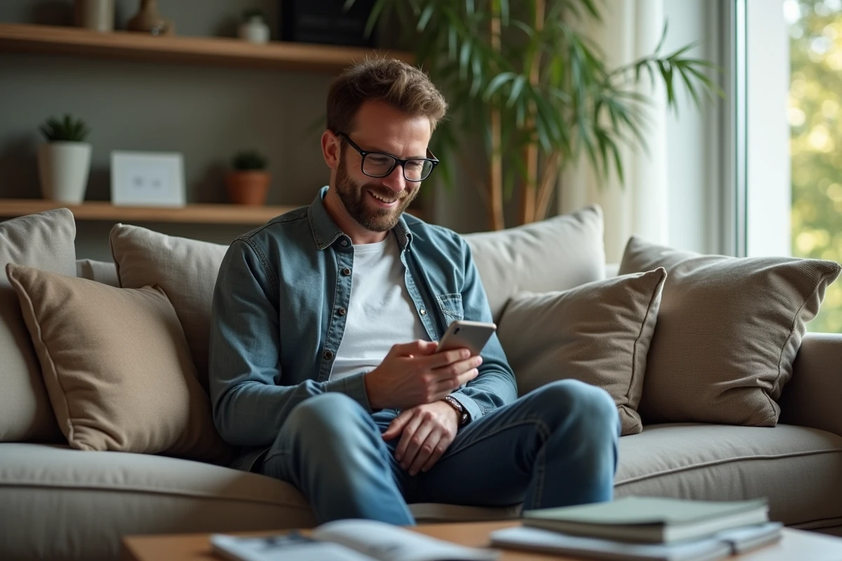 Homme détendu regardant son smartphone dans le salon