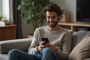 Homme assis sur un canapé avec son téléphone dans un salon moderne