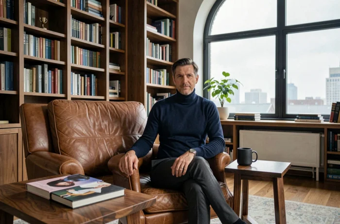 Homme élégant en col roulé marine assis dans un fauteuil en cuir cognac dans une bibliothèque raffinée avec vue sur la ville
