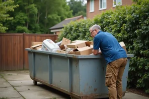 Homme en bleu triant des déchets dans une benne de jardin
