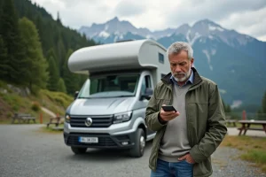 Homme en jeans près d'un van moderne en pleine nature