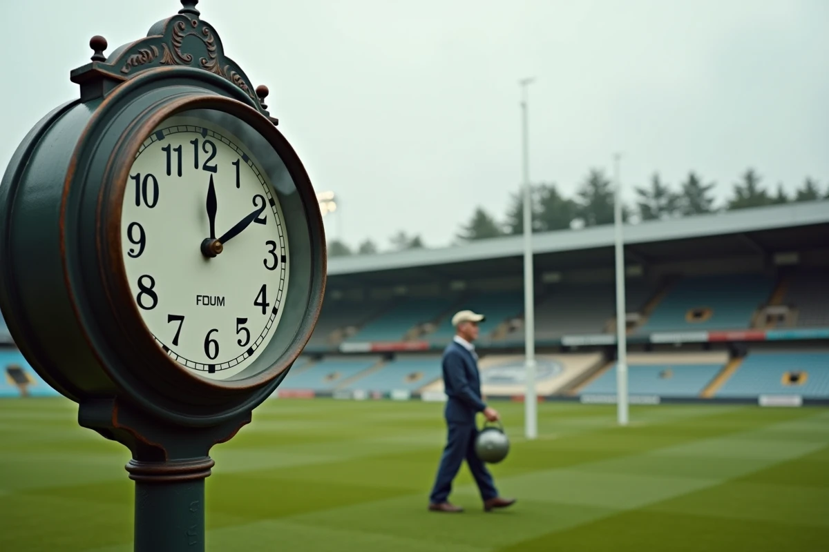 Horloge de stade vintage avec un gardien dans un terrain moderne