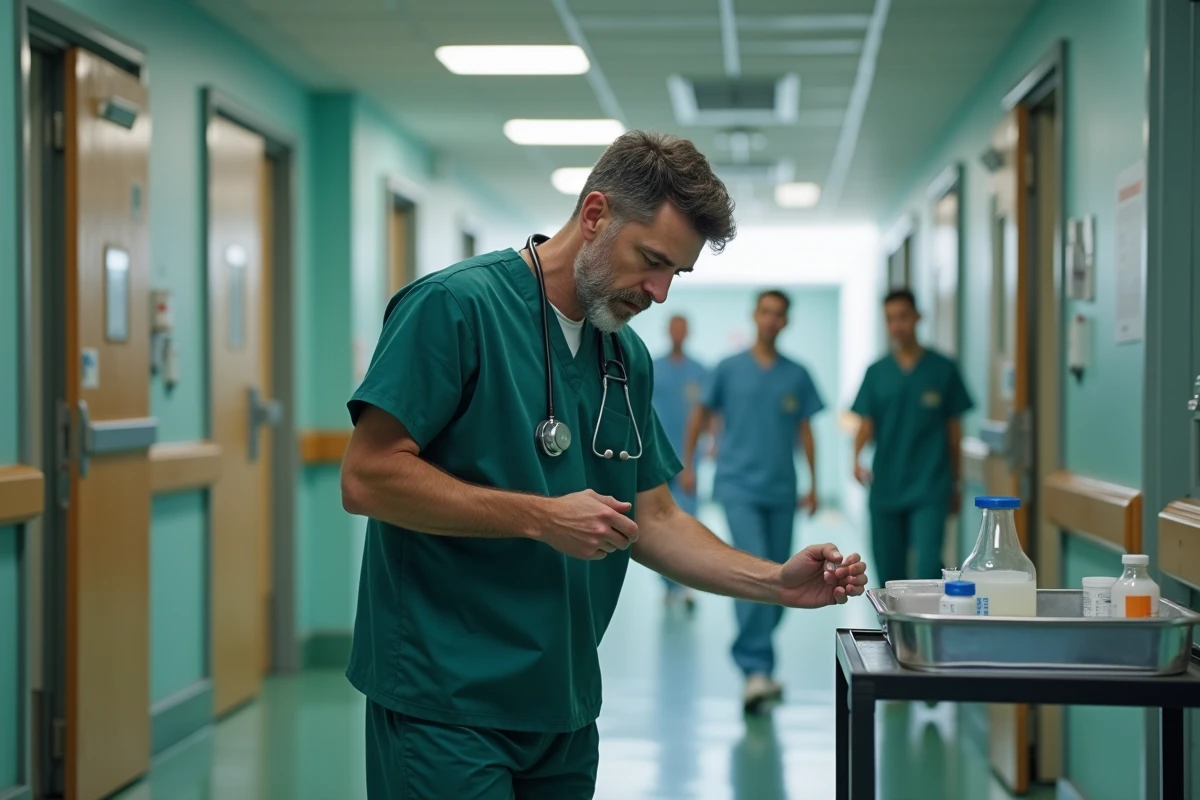 Infirmier préparant des médicaments dans un couloir de clinique animé