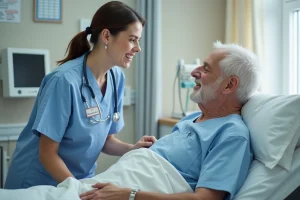Infirmière aidant un patient âgé dans une chambre d'hôpital moderne
