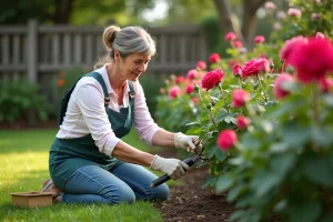 Femme jardinant en tenue confortable près de roses