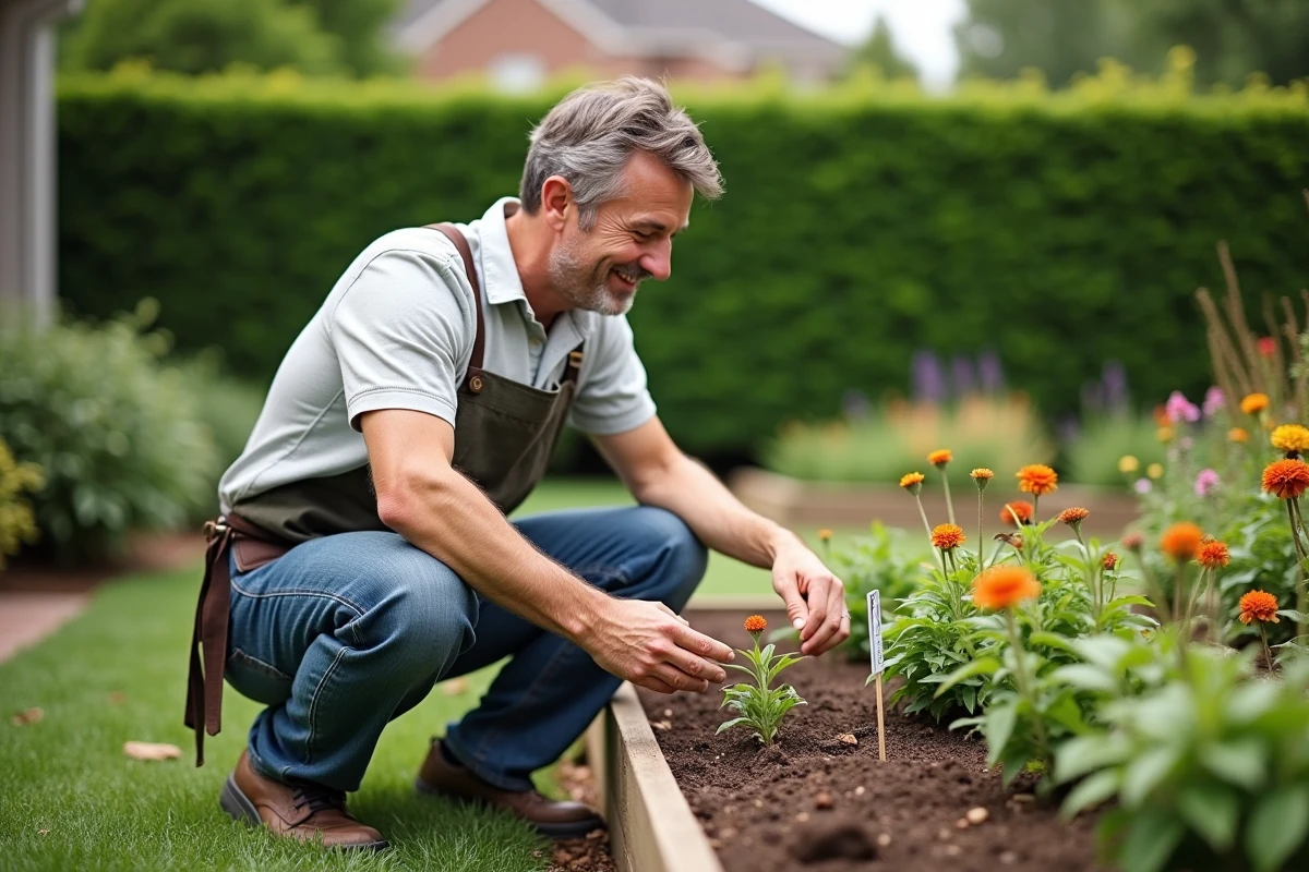 Homme jardinant examinant des étiquettes de plantes dans le jardin
