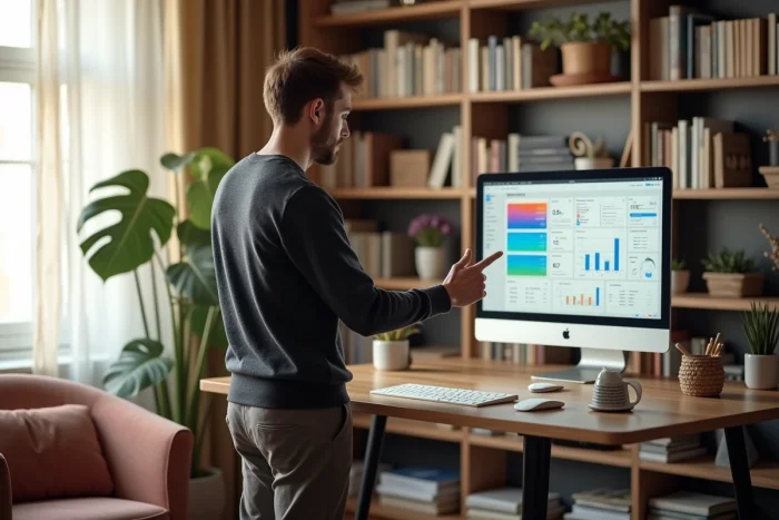 Jeune créatif debout devant un grand écran affichant un tableau de bord numérique innovant dans un bureau à domicile moderne