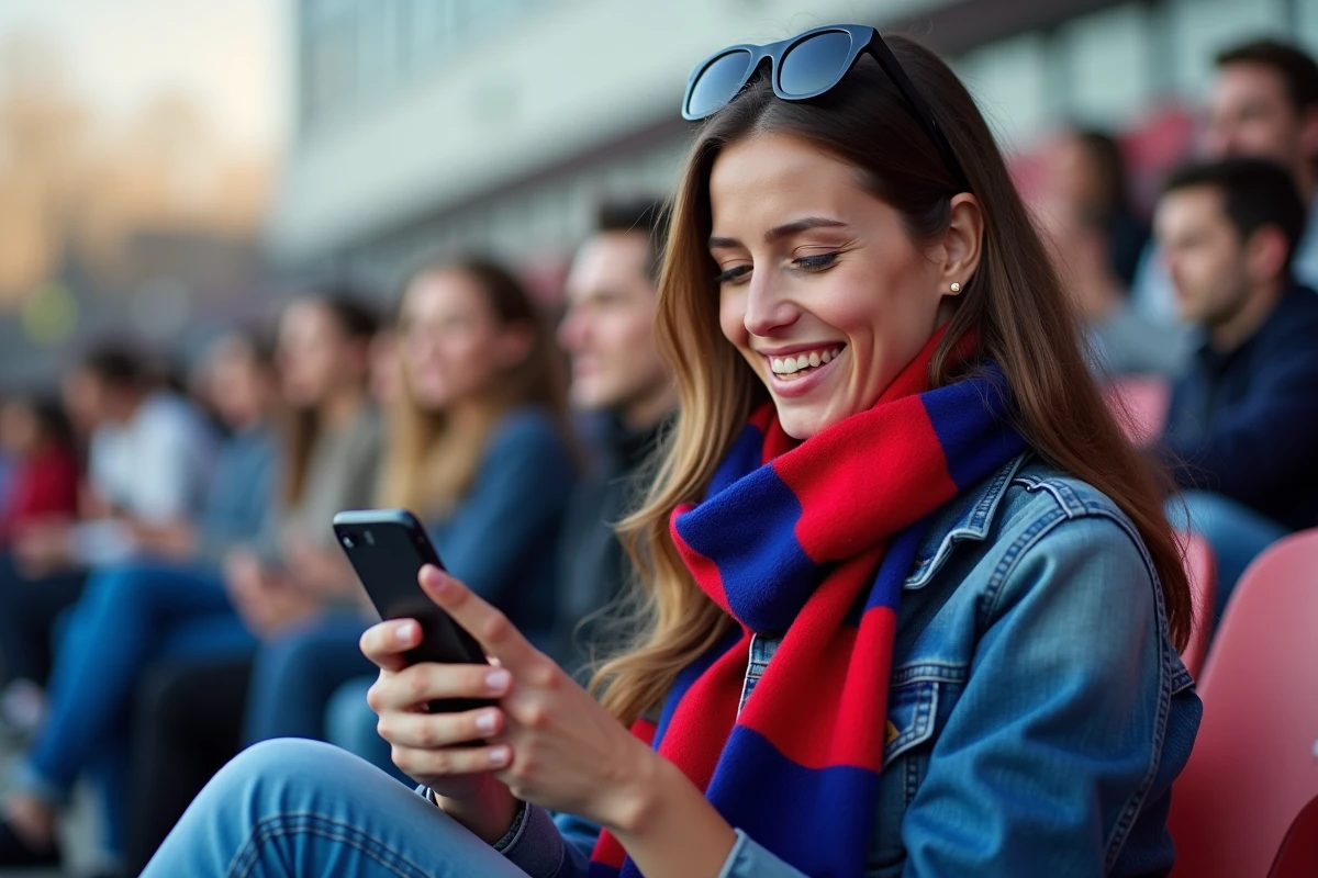 Jeune fanne de l OL Lyonnais souriante avec écharpe au stade