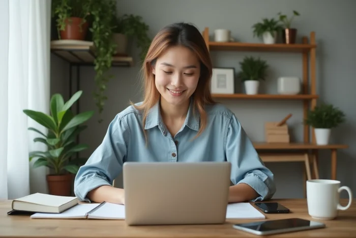 Jeune femme au bureau avec ordinateur et plantes