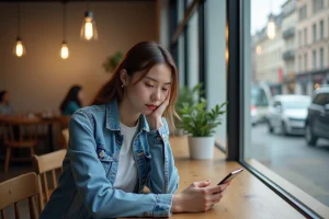 Jeune femme en denim dans un café moderne pour article sur lifestyle