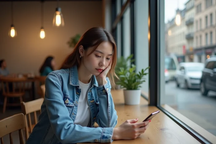 Jeune femme en denim dans un café moderne pour article sur lifestyle