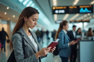 Jeune femme vérifiant son billet et passeport à l'aéroport