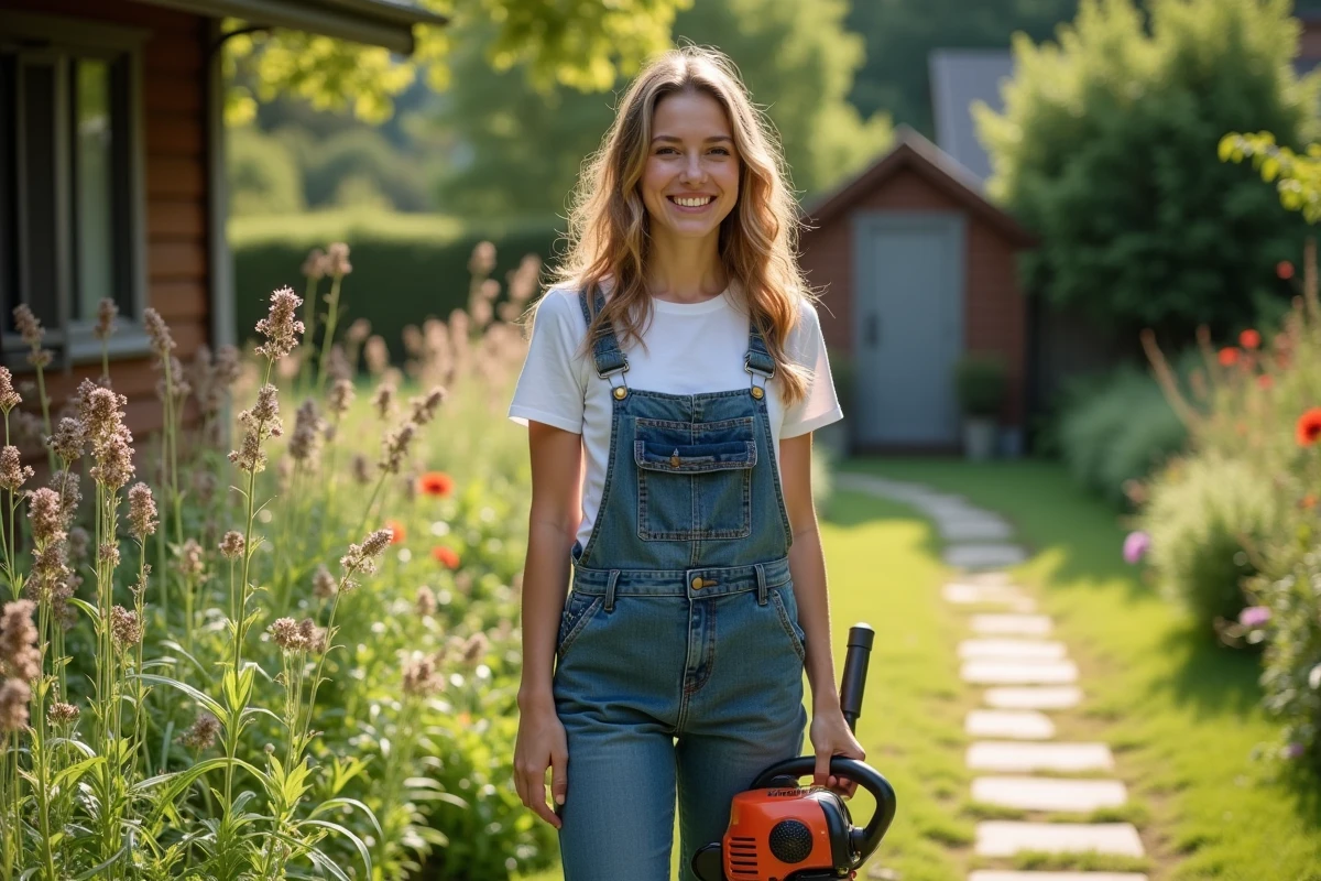 Jeune femme souriante avec un coupe-bince dans un jardin ensoleille