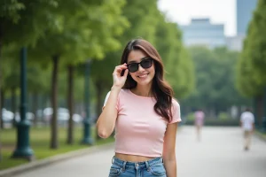 Jeune femme souriante ajustant ses lunettes dans un parc urbain