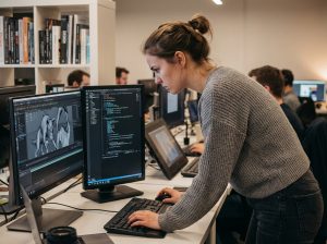 Jeune femme concentrée travaillant sur un ordinateur dans un studio moderne