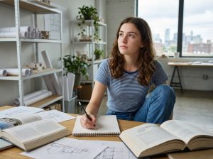 Jeune fille pensant à un projet dans un intérieur moderne
