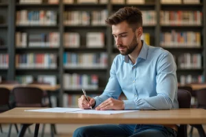 Jeune homme concentré remplissant un test psychométrique dans une bibliothèque