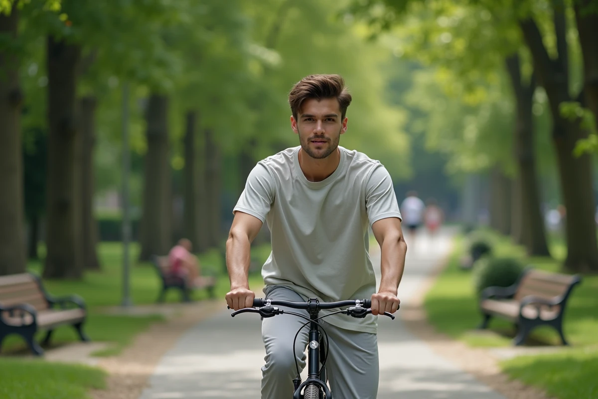 Jeune homme à vélo dans un parc verdoyant