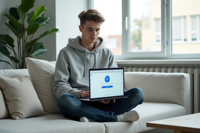 Jeune professionnel assuré sur un canapé dans un appartement moderne accédant au webmail EDF via Outlook sur un ordinateur portable
