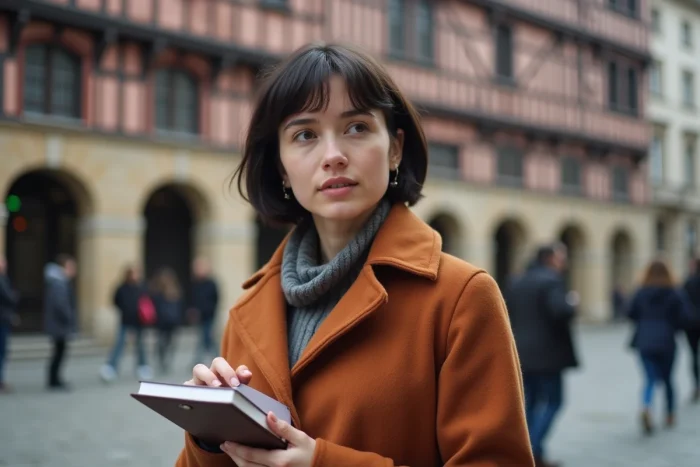Journaliste devant l'hôtel de ville de Rennes couvrant les actualités locales et régionales bretonnes