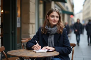 Jeune journaliste à Paris prenant des notes en extérieur