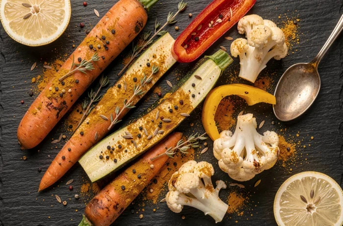Légumes rôtis colorés assaisonnés d'épices variées sur une ardoise noire pour des recettes maison savoureuses