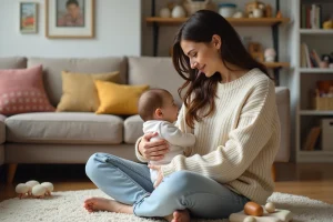Maman souriante avec son bébé dans un salon chaleureux