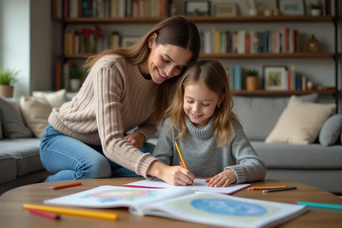 Maman souriante avec sa fille en train de dessiner à la maison
