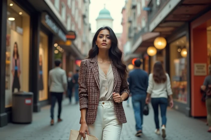 Femme portant un blazer en tissu ikat dans une rue commerçante urbaine, illustrant le mélange entre mode contemporaine et influences culturelles traditionnelles