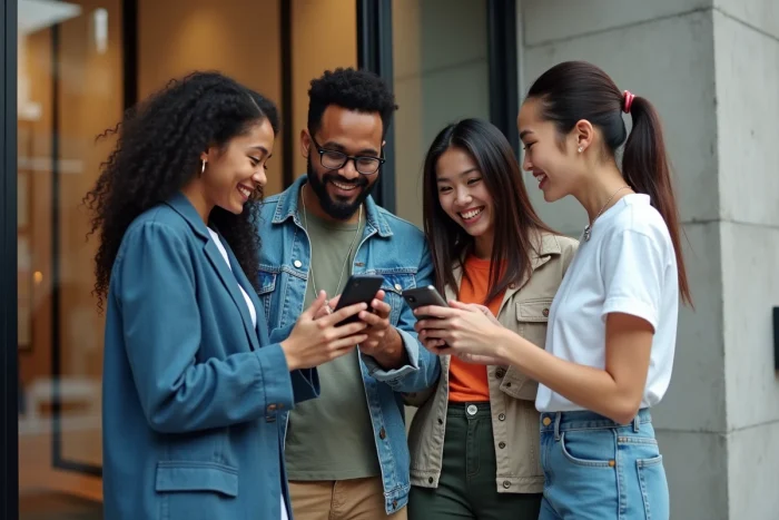 Groupe de jeunes adultes aux styles vestimentaires variés et inclusifs devant une galerie d'art contemporaine, symbolisant la diversité et le dialogue social dans la mode actuelle