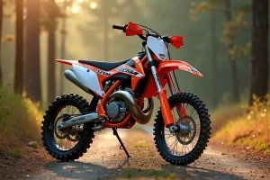 Moto 125 cross homologuée route garée sur un chemin forestier, vue grand angle mettant en valeur les plastiques orange et les pneus tout-terrain