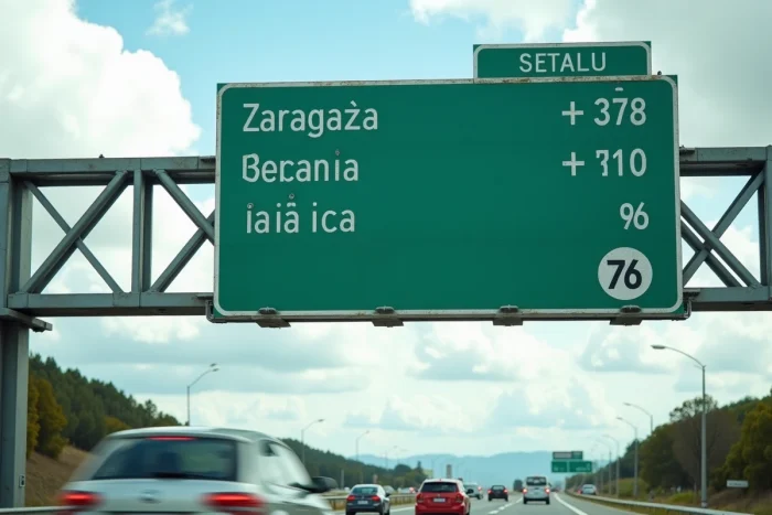 Panneau autoroutier espagnol indiquant une route gratuite avec symboles officiels sur portique métallique