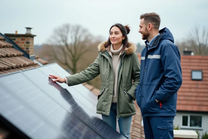 Propriétaire et technicien discutant de l'installation de panneaux solaires sur un toit résidentiel