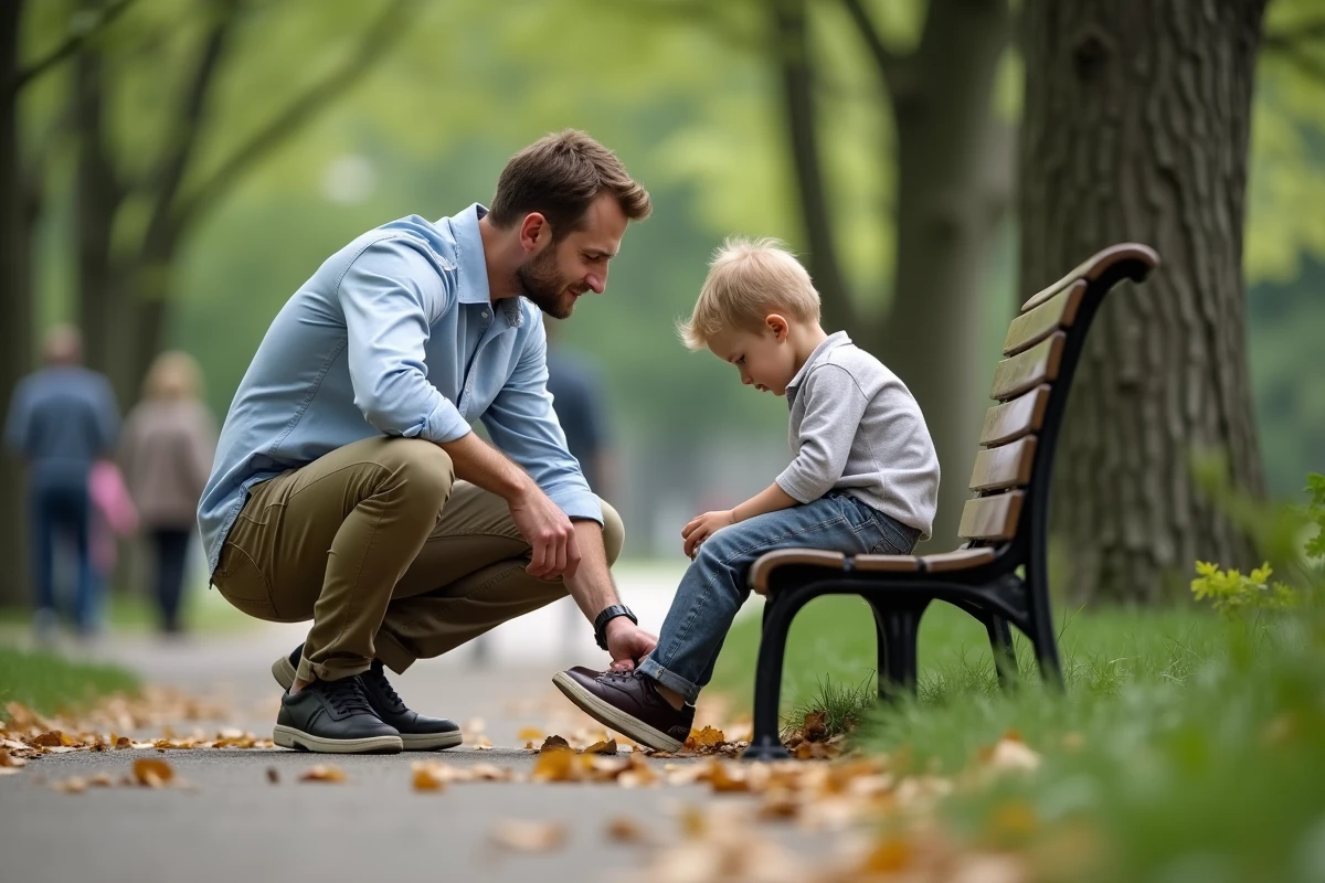 Père aidant son fils à lacer ses chaussures dans un parc