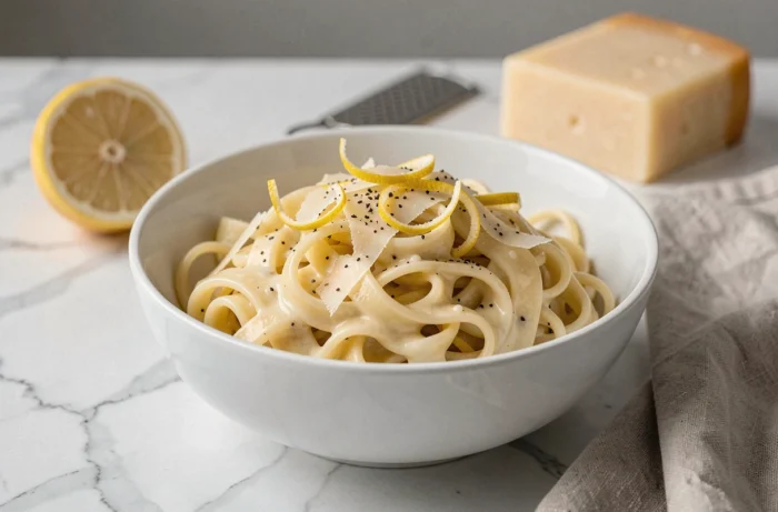 Bol de pâtes au citron et parmesan avec du poivre noir concassé et des zestes de citron sur fond de marbre