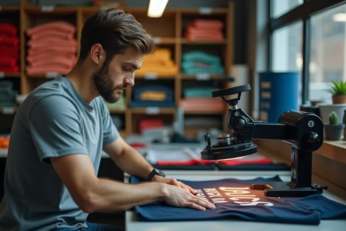 Jeune homme pressant des lettres sur un maillot de sport