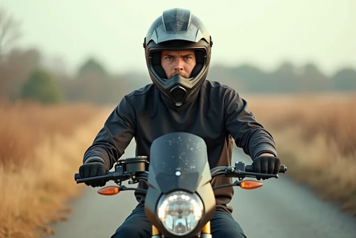 Pilote équipé sur une moto 125 cross homologuée route, assis sur une route rurale, composition en trois quarts avec campagne en arrière-plan flou