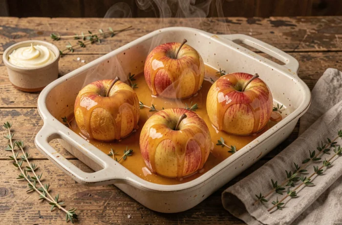 Pommes entières rôties au four dorées et caramélisées dans un plat avec du beurre salé fondu et des brins de thym frais