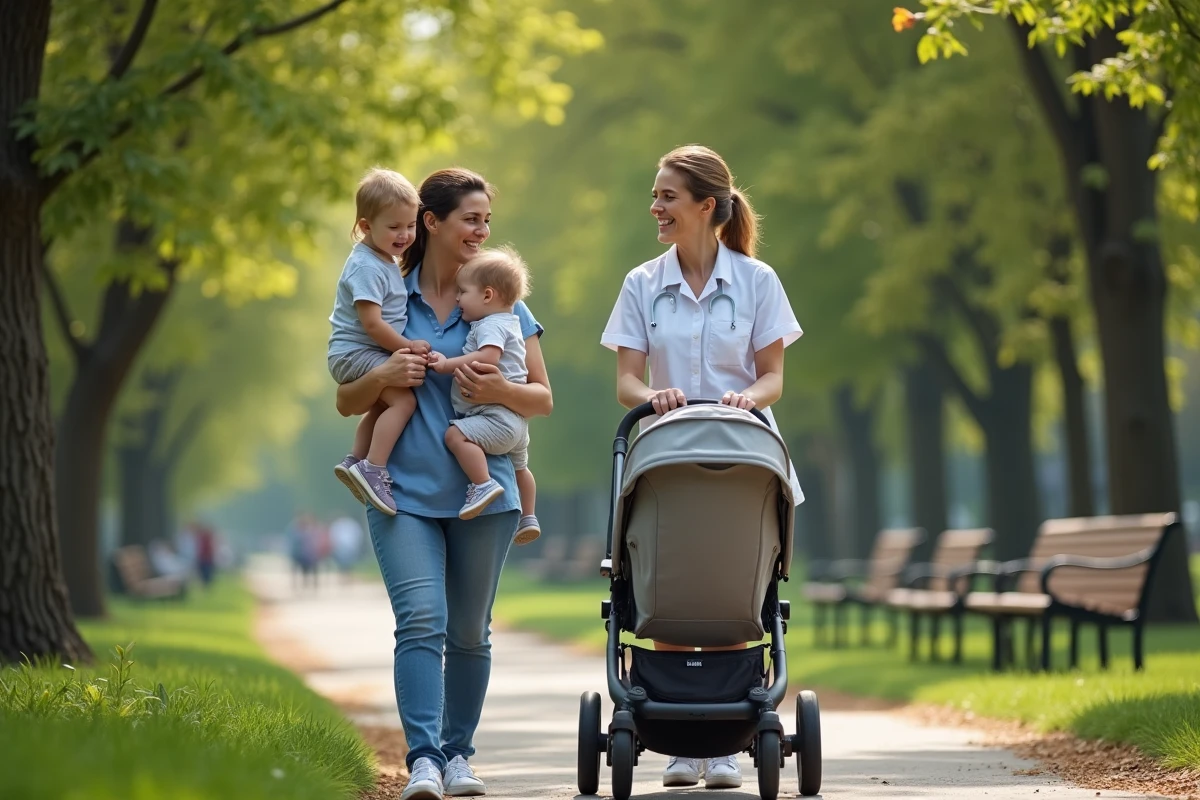 Deux femmes avec enfants dans un parc urbain en été