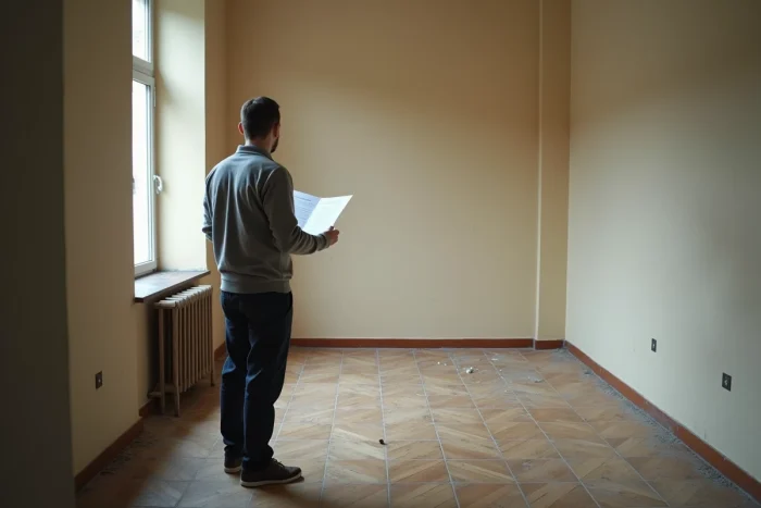 Propriétaire tenant une attestation de vacance dans un appartement inoccupé et vide