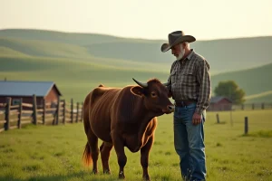 Rancher âgé s'occupe d'un taureau dans un pré paisible