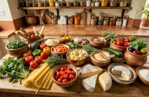 Vue large d'un plan de travail de cuisine garni d'ingrédients colorés et variés évoquant la créativité culinaire du quotidien