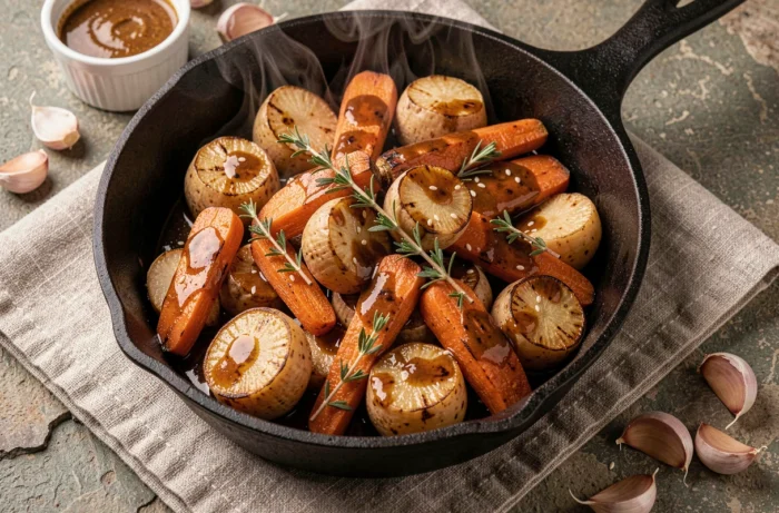 Poêlée de légumes racines caramélisés nappés d'une sauce miso-beurre brillante dans une poêle en fonte noire