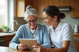 Une senior aidée par une auxiliaire de vie pour utiliser une tablette numérique dans sa cuisine