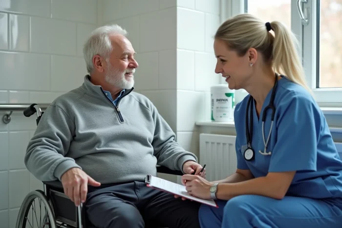 Un homme âgé et un professionnel de soins à domicile dans une salle de bain aménagée pour seniors
