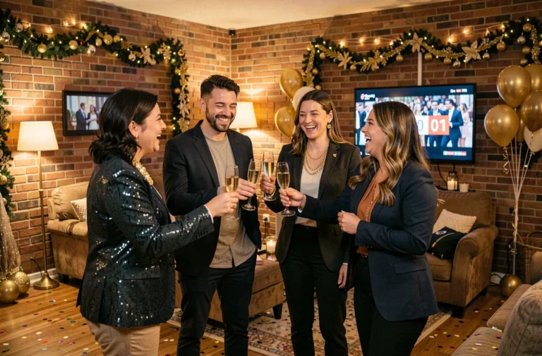 Groupe d'amis célébrant le Nouvel An 2026 lors d'une soirée privée à domicile avec champagne et décorations festives