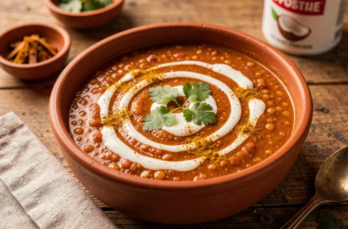 Bol en terracotta de soupe épaisse de lentilles corail au lait de coco et curry avec une spirale de crème de coco et des feuilles de coriandre
