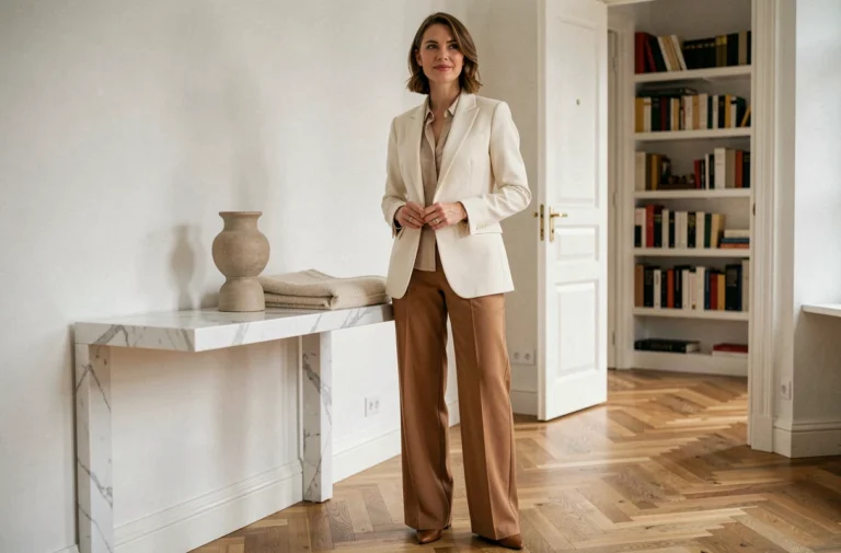 Femme élégante en blazer crème et pantalon camel dans un appartement parisien au décor intemporel avec parquet en chevrons et console en marbre